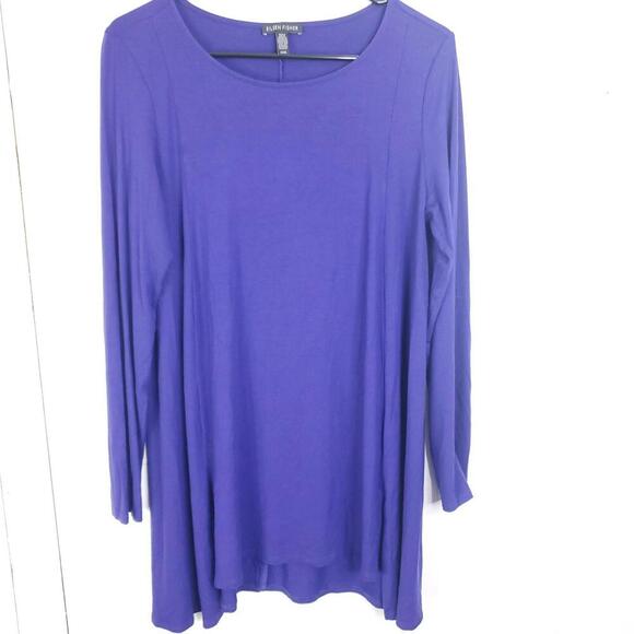 Eileen Fisher Top Womens Medium Wide Round Neck Stretchy Blue Purple Hem - Picture 1 of 7